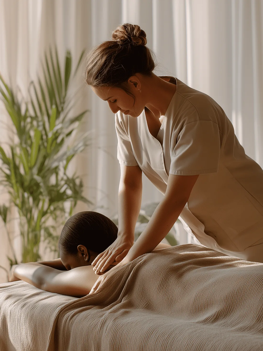 Therapist caring for a patient in the bright, calm ReGlow Wellness treatment room